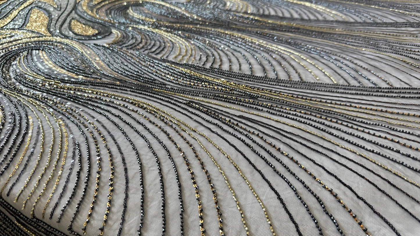 Elegant Navy Beaded Fabric with Gold Accents – Premium Quality - TumaCouture