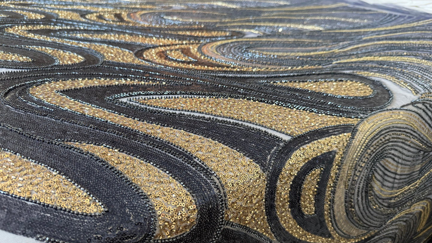 Elegant Navy Beaded Fabric with Gold Accents – Premium Quality - TumaCouture
