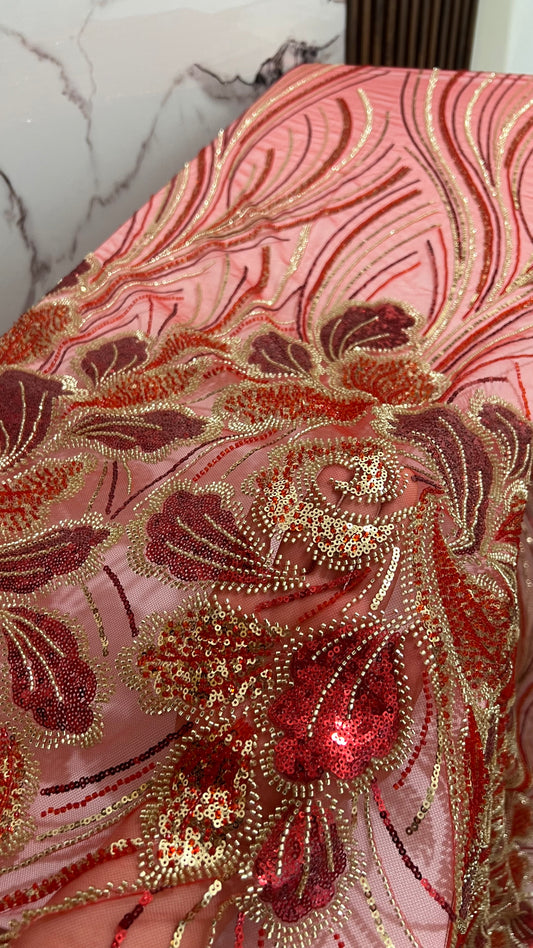 Luxury Beaded Fabric – Red with Gold Design TumaCouture