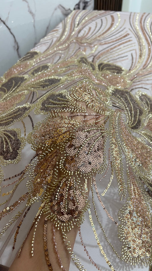 Elegant Beaded Fabric Beige Base with Gold Stripes TumaCouture