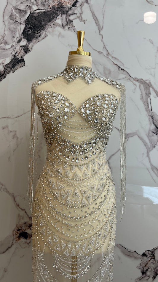 Bridal Beige Fabric, Wedding and Prom Wear, Embroidered Beaded Tulle, Rhinestone and Crystal