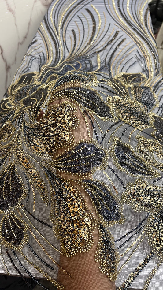 Elegant Navy Striped Beaded Fabric Premium Quality TumaCouture