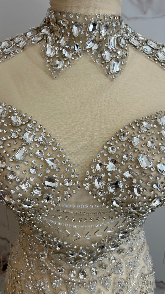 Bridal Beige Fabric, Wedding and Prom Wear, Embroidered Beaded Tulle, Rhinestone and Crystal