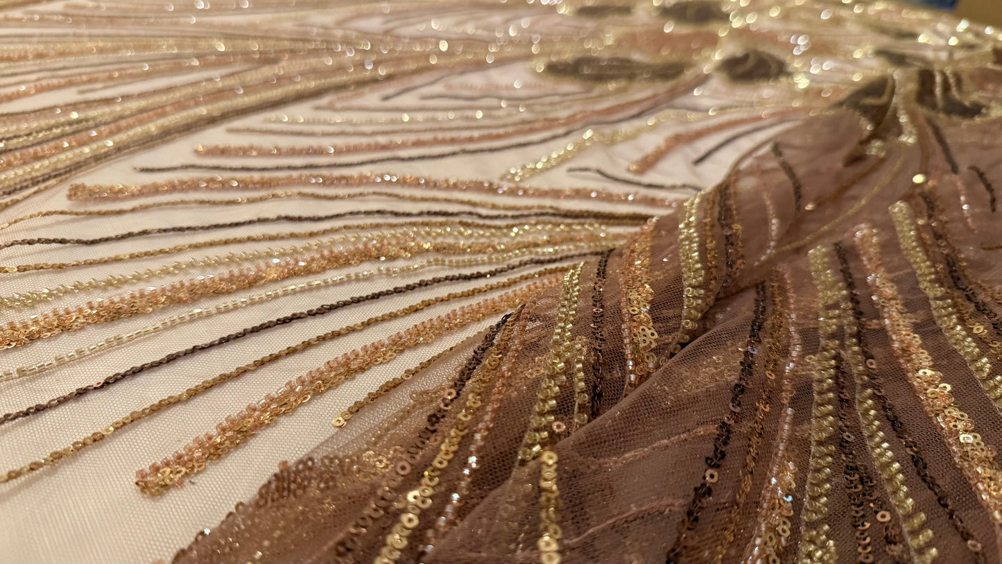 Elegant Beaded Fabric Beige Base with Gold Stripes - TumaCouture