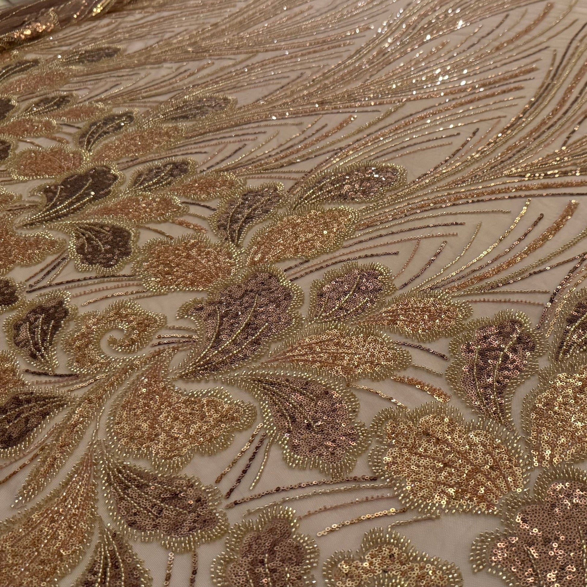 Elegant Beaded Fabric Beige Base with Gold Stripes - TumaCouture