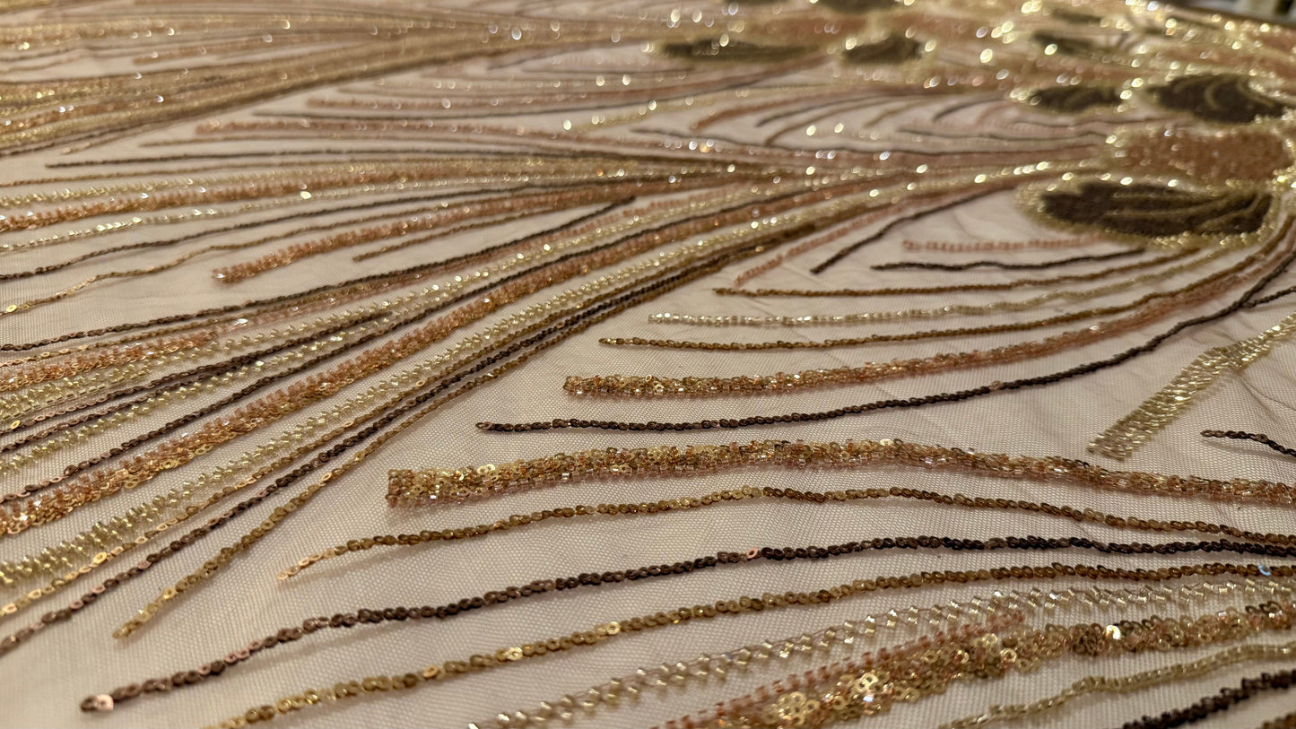 Elegant Beaded Fabric Beige Base with Gold Stripes - TumaCouture