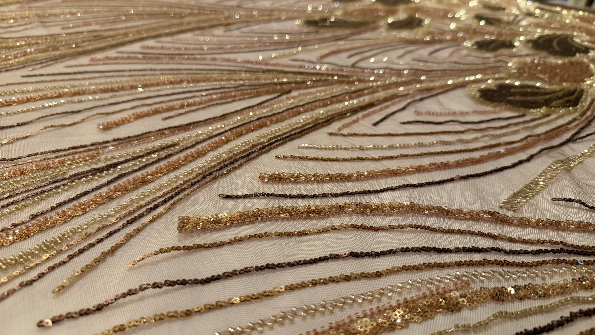 Elegant Beaded Fabric Beige Base with Gold Stripes - TumaCouture