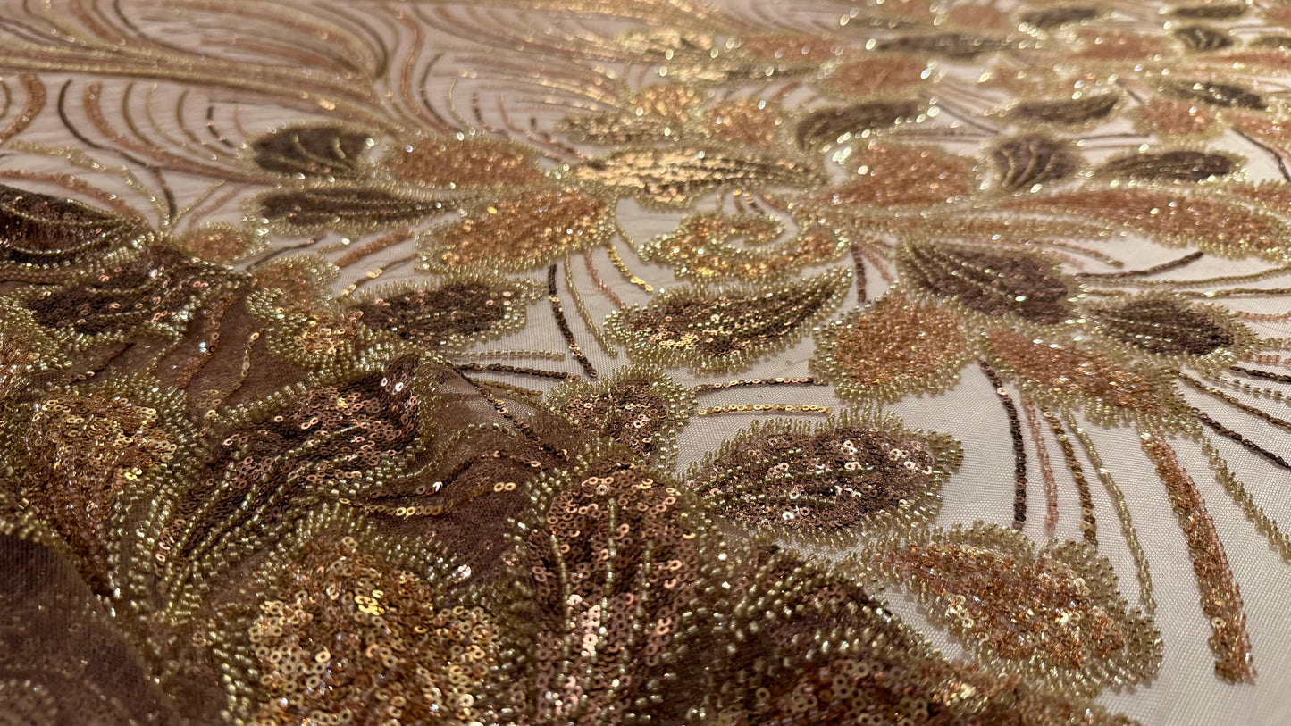 Elegant Beaded Fabric Beige Base with Gold Stripes - TumaCouture