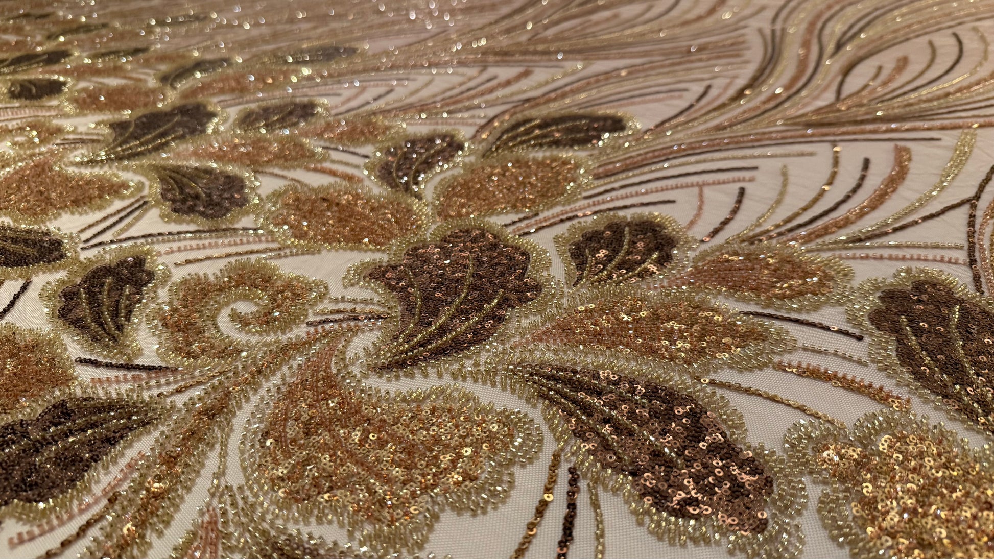 Elegant Beaded Fabric Beige Base with Gold Stripes - TumaCouture