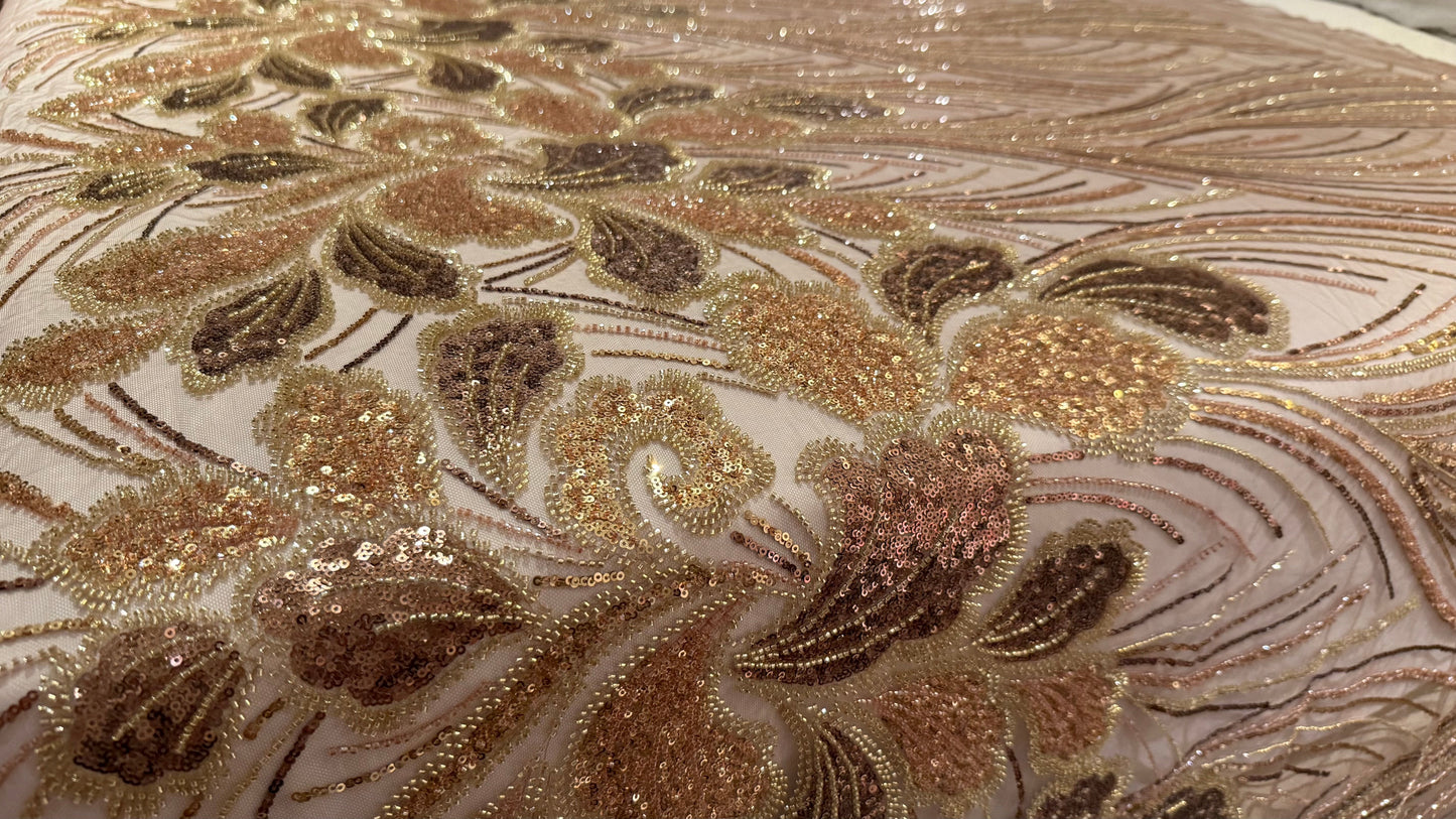 Elegant Beaded Fabric Beige Base with Gold Stripes - TumaCouture