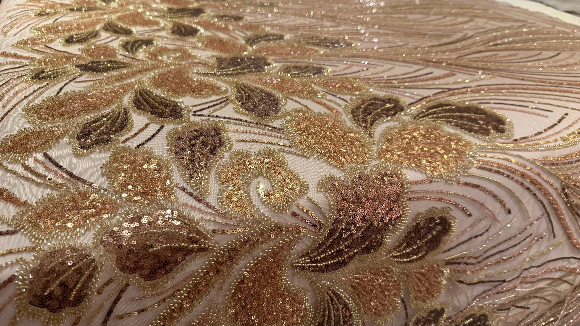 Elegant Beaded Fabric Beige Base with Gold Stripes - TumaCouture