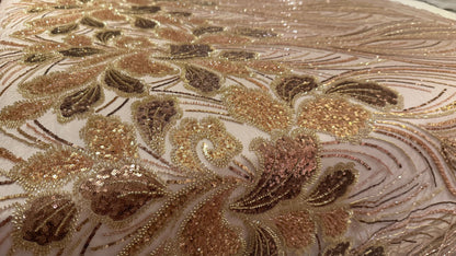 Elegant Beaded Fabric Beige Base with Gold Stripes - TumaCouture