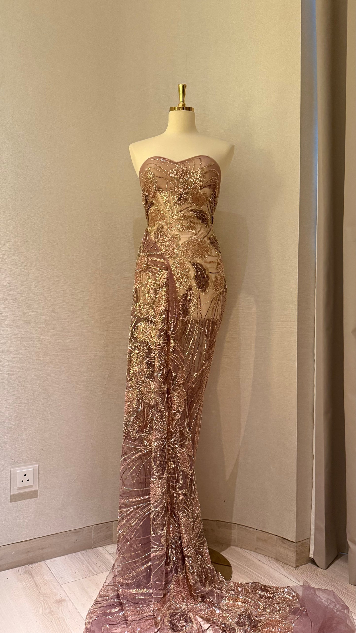 Elegant Beaded Fabric Beige Base with Gold Stripes - TumaCouture