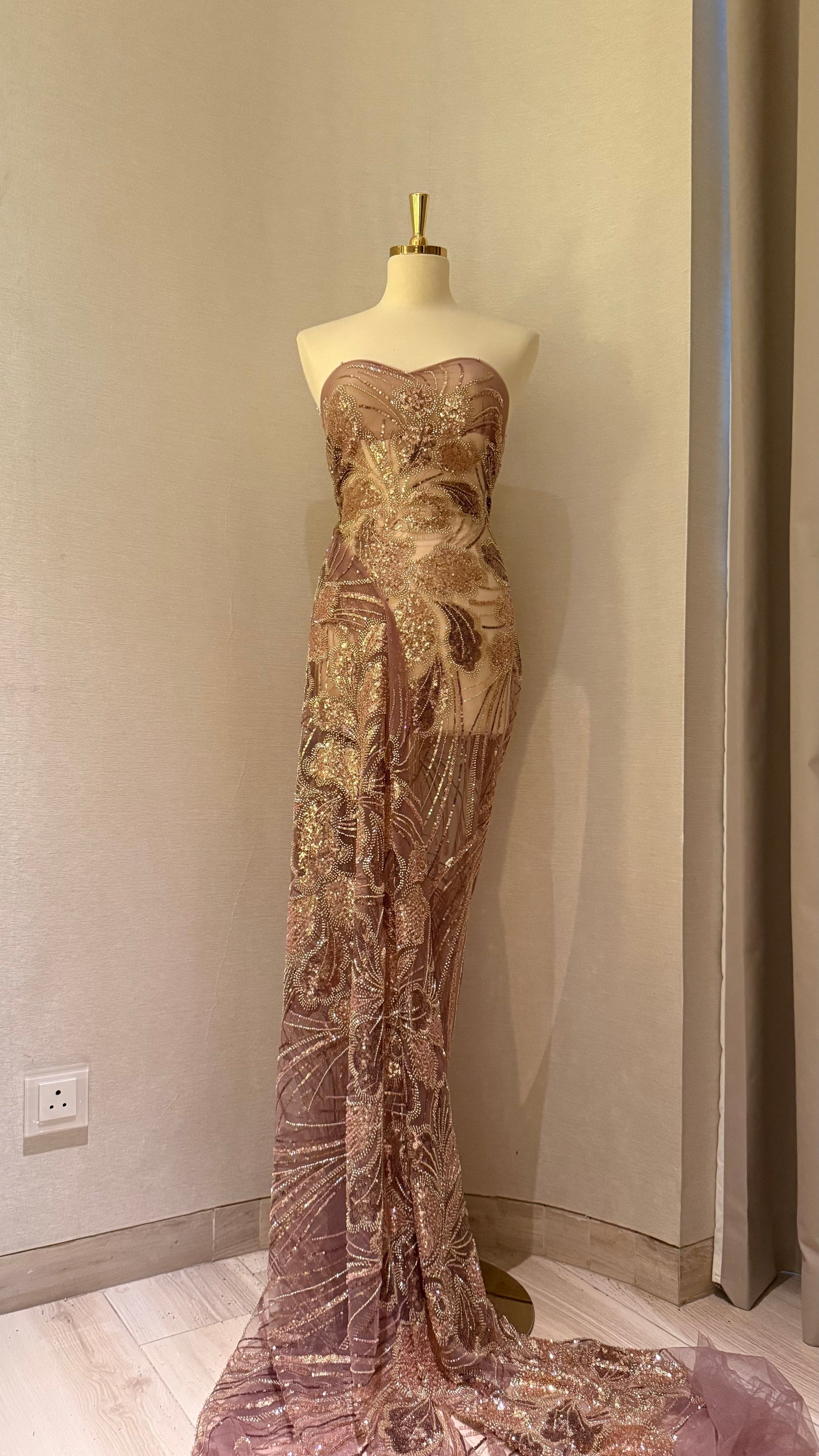 Elegant Beaded Fabric Beige Base with Gold Stripes - TumaCouture