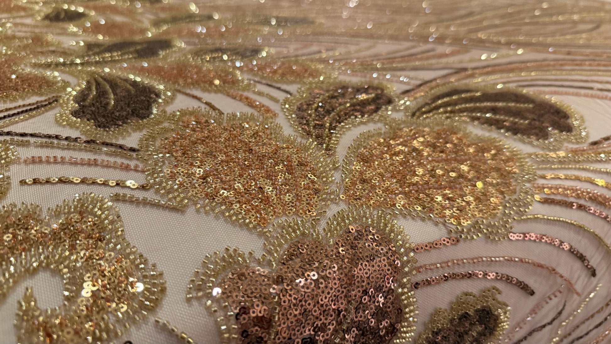 Elegant Beaded Fabric Beige Base with Gold Stripes - TumaCouture