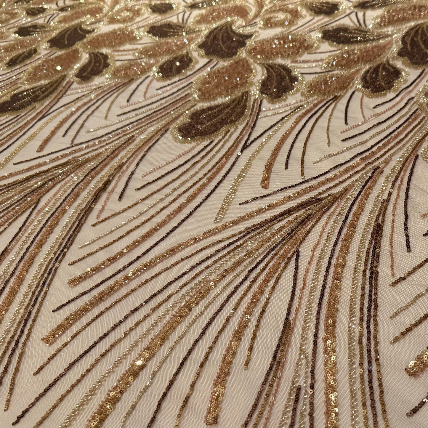 Elegant Beaded Fabric Beige Base with Gold Stripes - TumaCouture