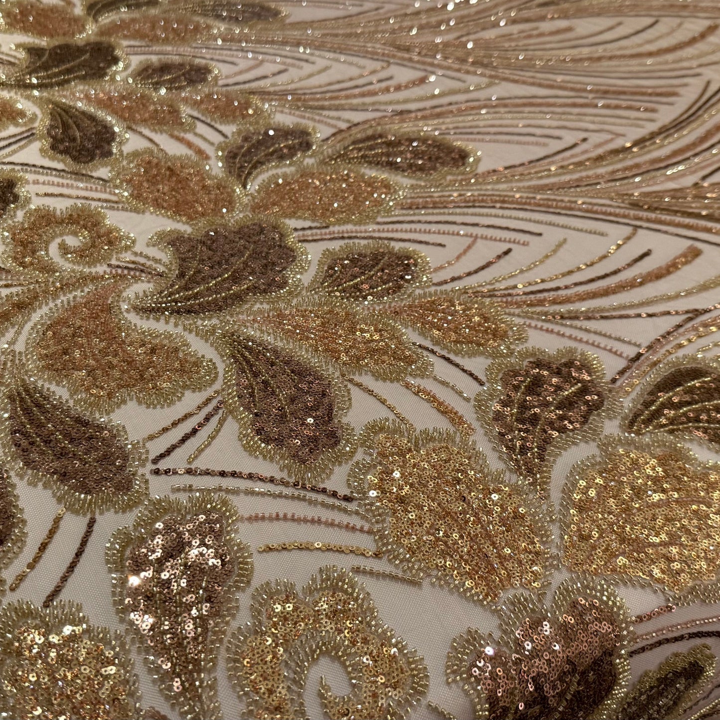 Elegant Beaded Fabric Beige Base with Gold Stripes - TumaCouture