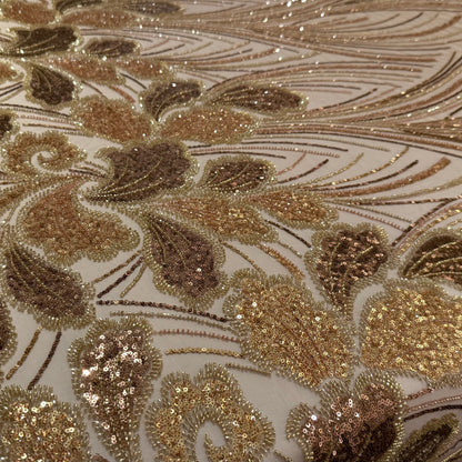 Elegant Beaded Fabric Beige Base with Gold Stripes - TumaCouture