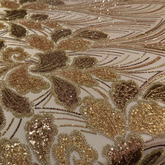 Elegant Beaded Fabric Beige Base with Gold Stripes - TumaCouture