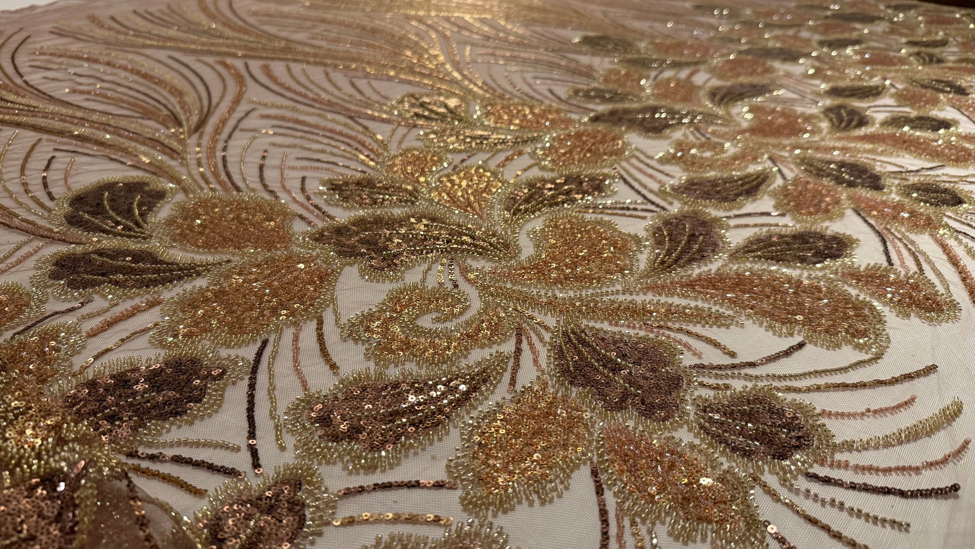 Elegant Beaded Fabric Beige Base with Gold Stripes - TumaCouture