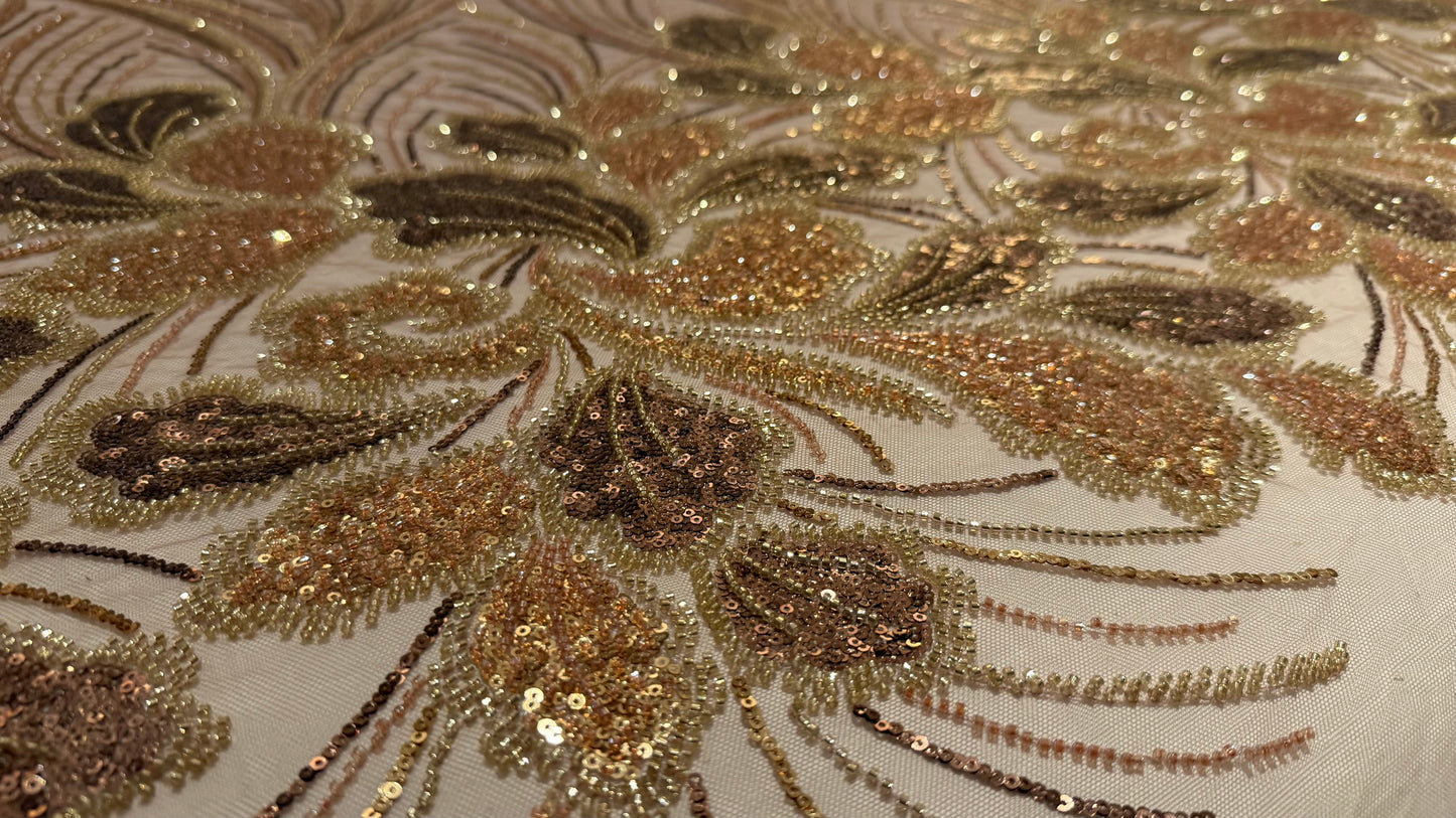 Elegant Beaded Fabric Beige Base with Gold Stripes - TumaCouture