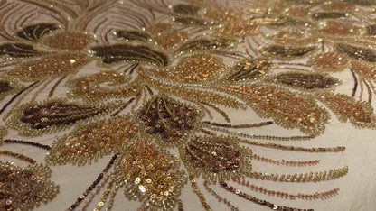 Elegant Beaded Fabric Beige Base with Gold Stripes - TumaCouture