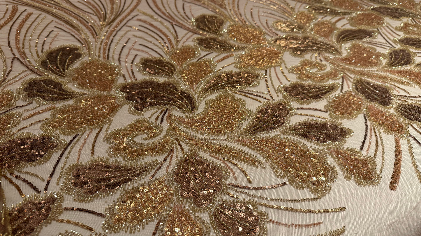 Elegant Beaded Fabric Beige Base with Gold Stripes - TumaCouture