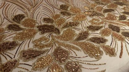 Elegant Beaded Fabric Beige Base with Gold Stripes - TumaCouture