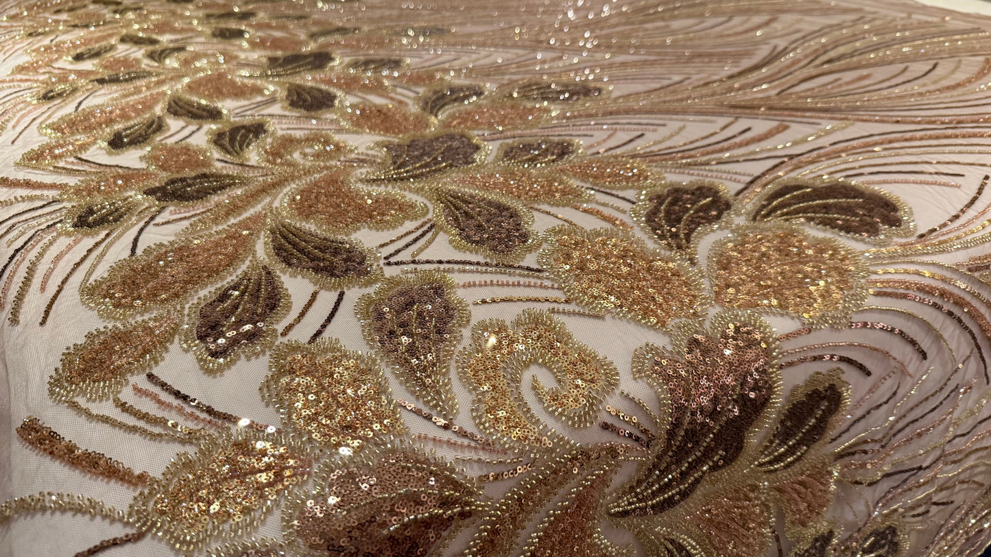 Elegant Beaded Fabric Beige Base with Gold Stripes - TumaCouture