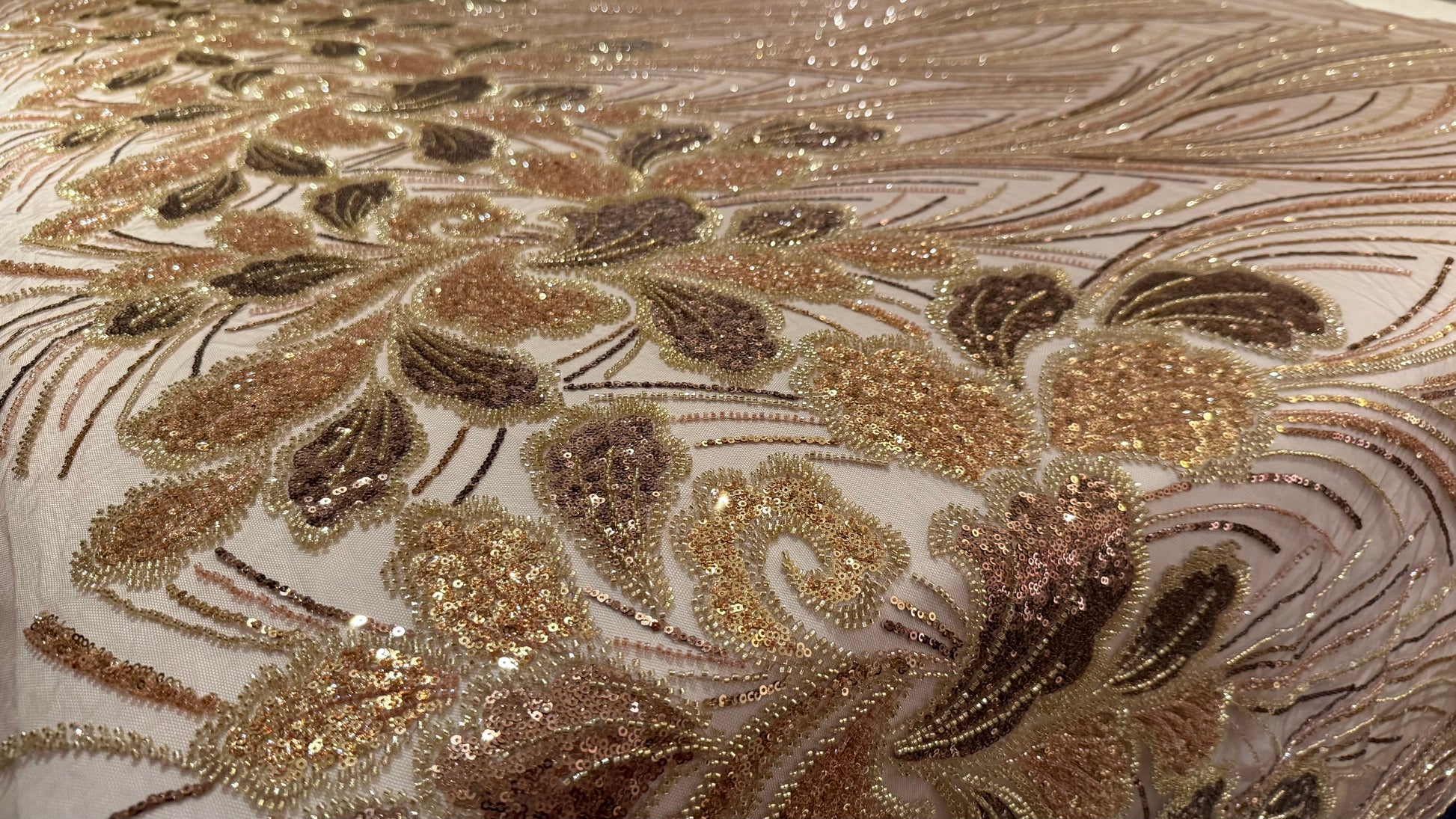 Elegant Beaded Fabric Beige Base with Gold Stripes - TumaCouture