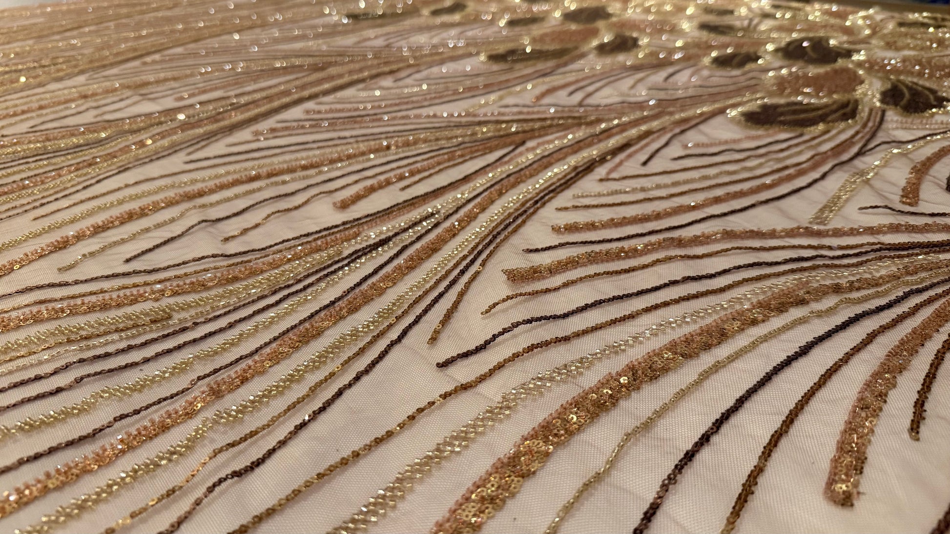 Elegant Beaded Fabric Beige Base with Gold Stripes - TumaCouture