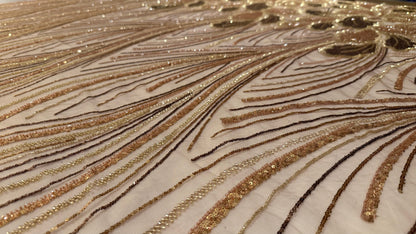Elegant Beaded Fabric Beige Base with Gold Stripes - TumaCouture