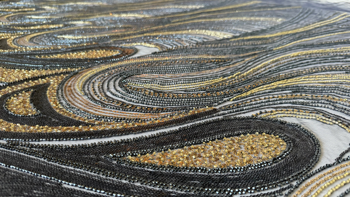 Elegant Navy Beaded Fabric with Gold Accents – Premium Quality - TumaCouture