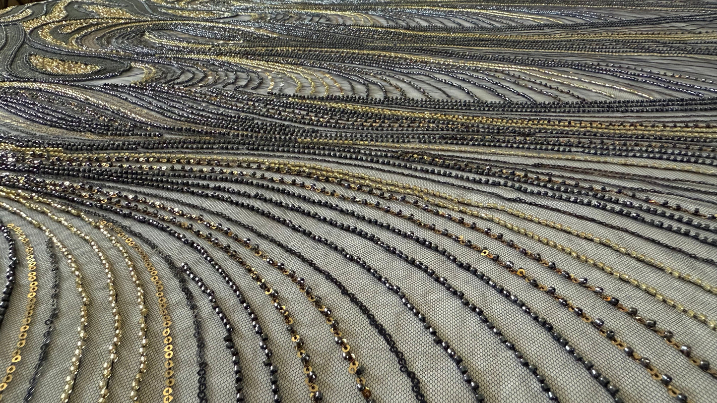 Elegant Navy Beaded Fabric with Gold Accents – Premium Quality - TumaCouture