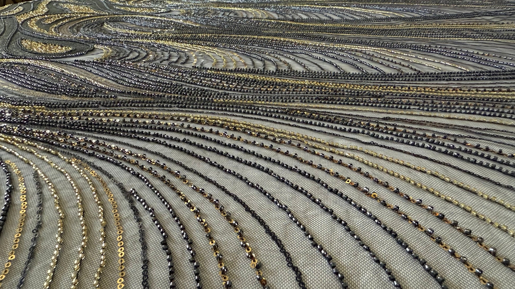 Elegant Navy Beaded Fabric with Gold Accents – Premium Quality - TumaCouture