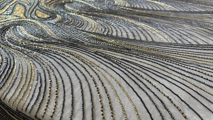 Elegant Navy Beaded Fabric with Gold Accents – Premium Quality - TumaCouture