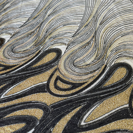Elegant Navy Beaded Fabric with Gold Accents – Premium Quality - TumaCouture