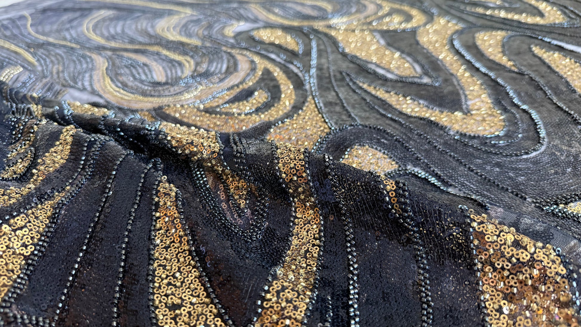 Elegant Navy Beaded Fabric with Gold Accents – Premium Quality - TumaCouture
