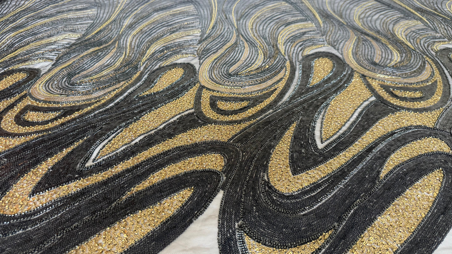 Elegant Navy Beaded Fabric with Gold Accents – Premium Quality - TumaCouture