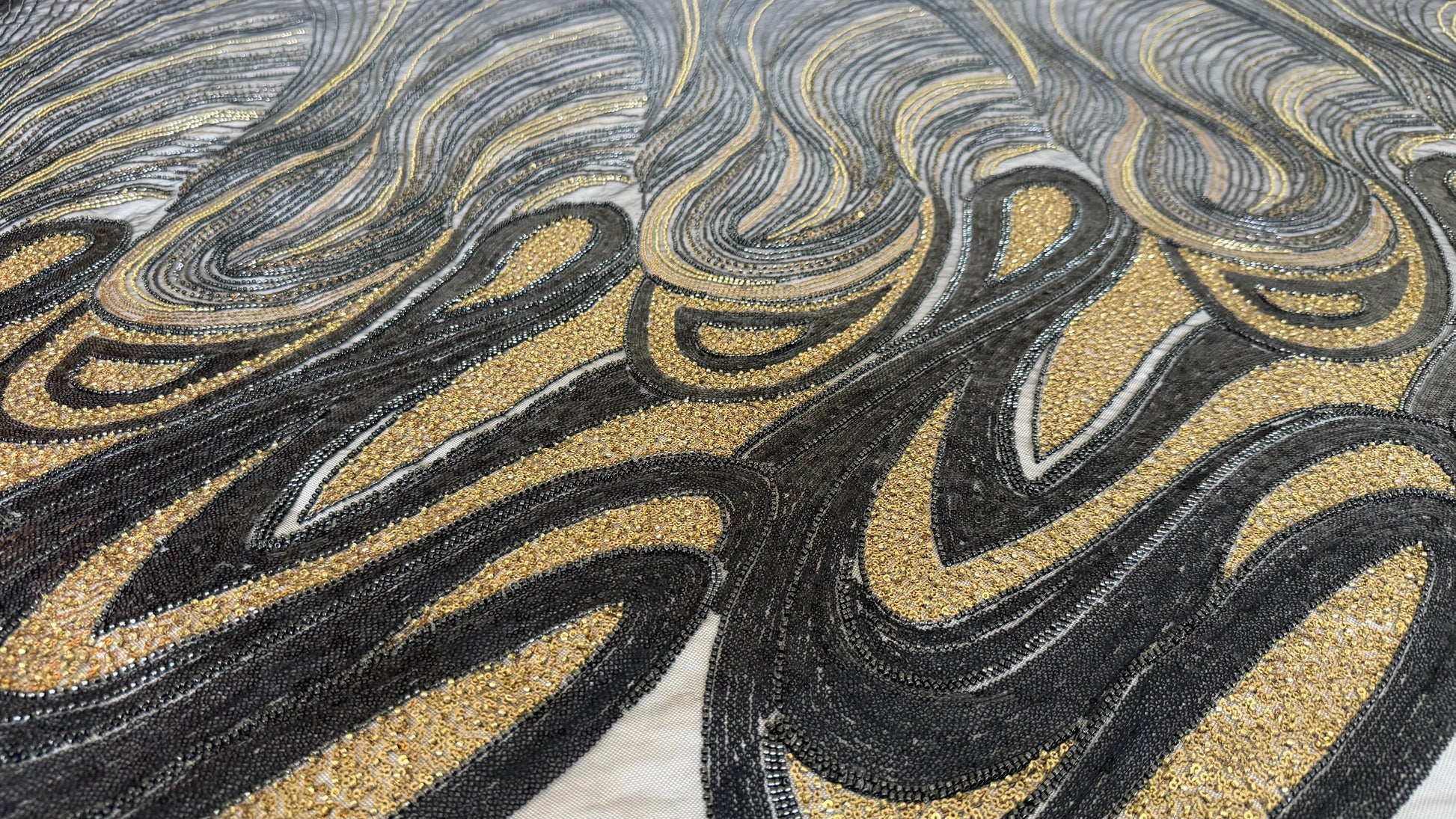Elegant Navy Beaded Fabric with Gold Accents – Premium Quality - TumaCouture