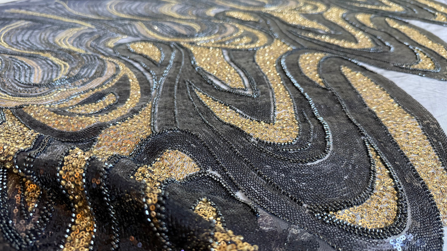 Elegant Navy Beaded Fabric with Gold Accents – Premium Quality - TumaCouture