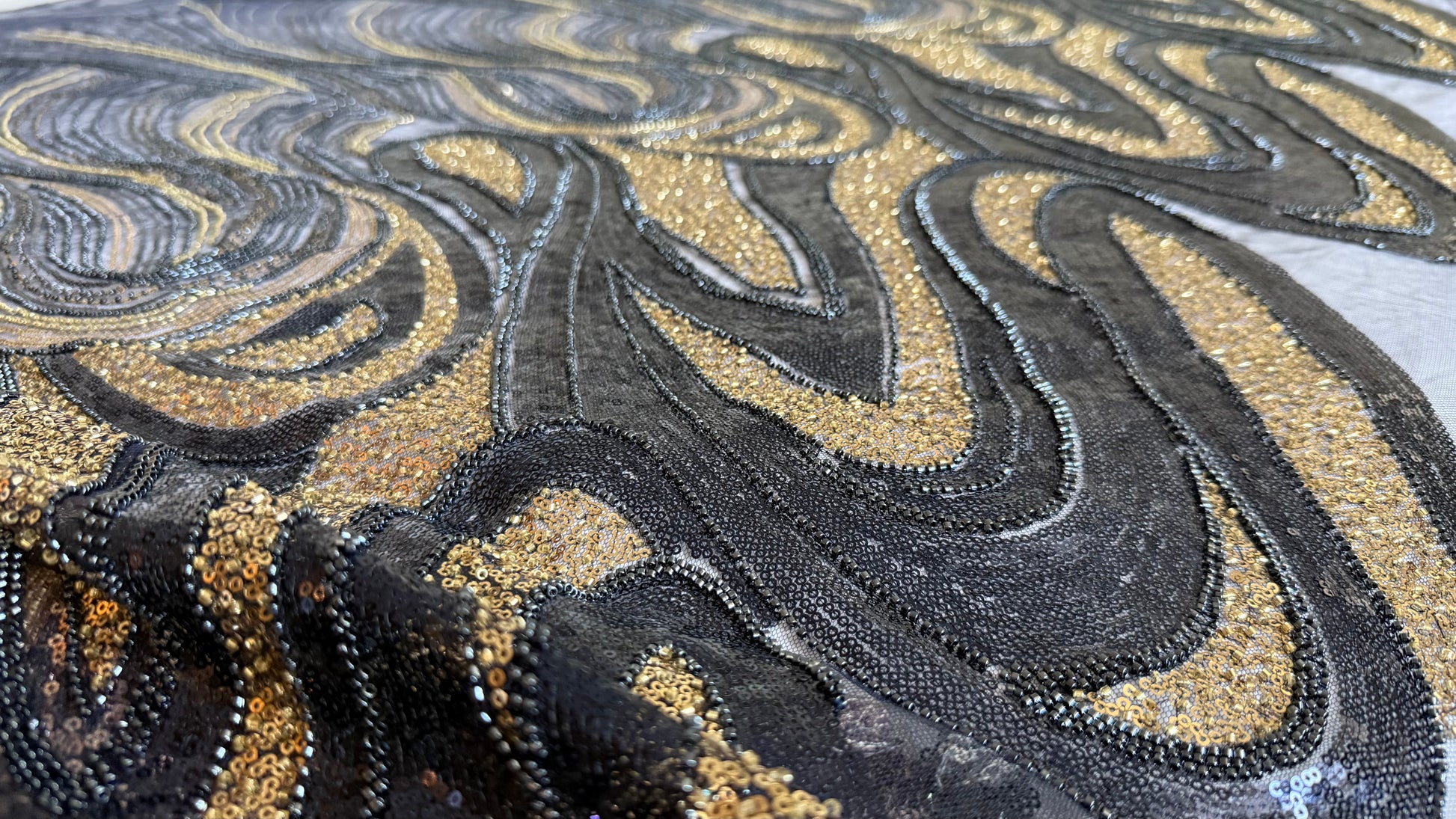 Elegant Navy Beaded Fabric with Gold Accents – Premium Quality - TumaCouture