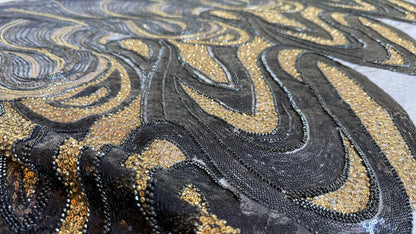 Elegant Navy Beaded Fabric with Gold Accents – Premium Quality - TumaCouture