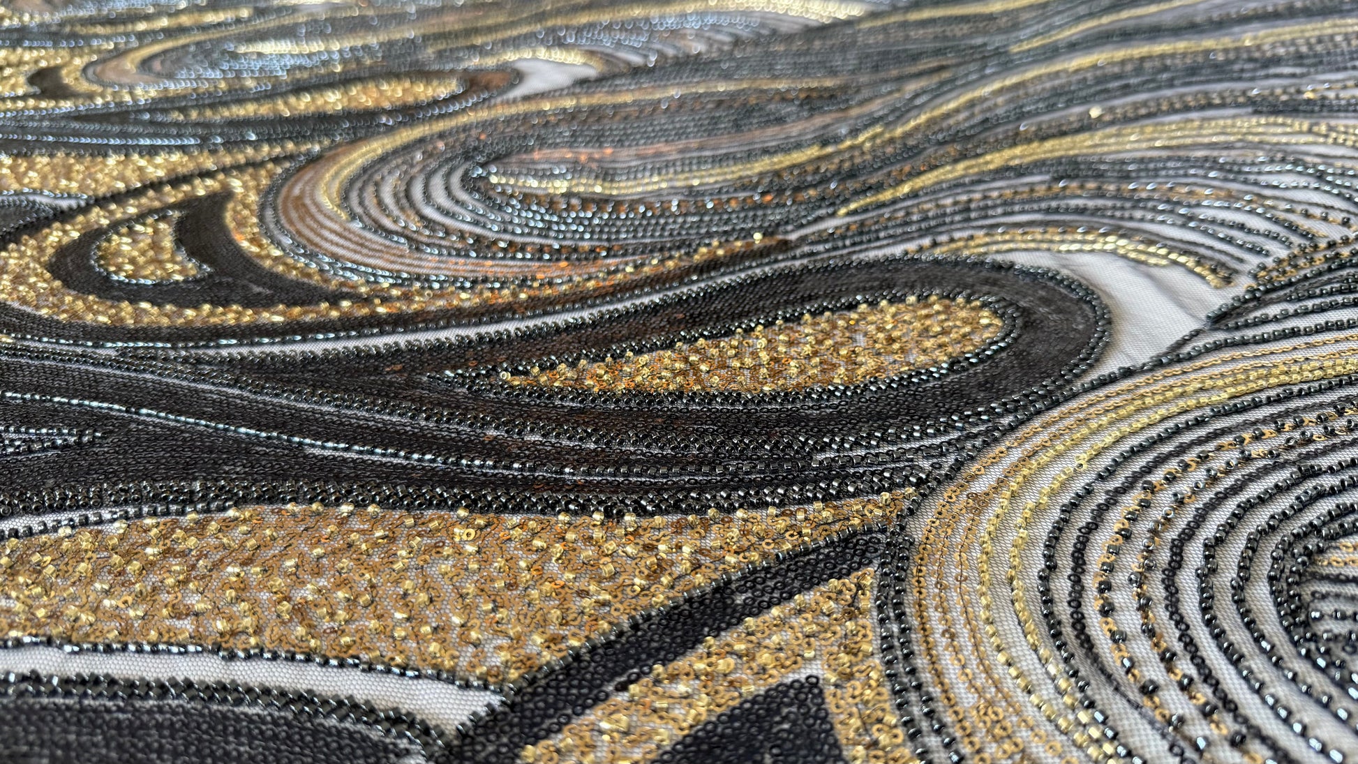 Elegant Navy Beaded Fabric with Gold Accents – Premium Quality - TumaCouture