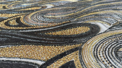 Elegant Navy Beaded Fabric with Gold Accents – Premium Quality - TumaCouture