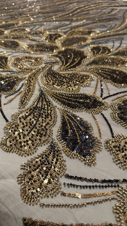 Elegant Navy Striped Beaded Fabric Premium Quality - TumaCouture
