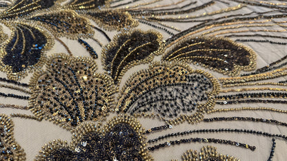 Elegant Navy Striped Beaded Fabric Premium Quality - TumaCouture