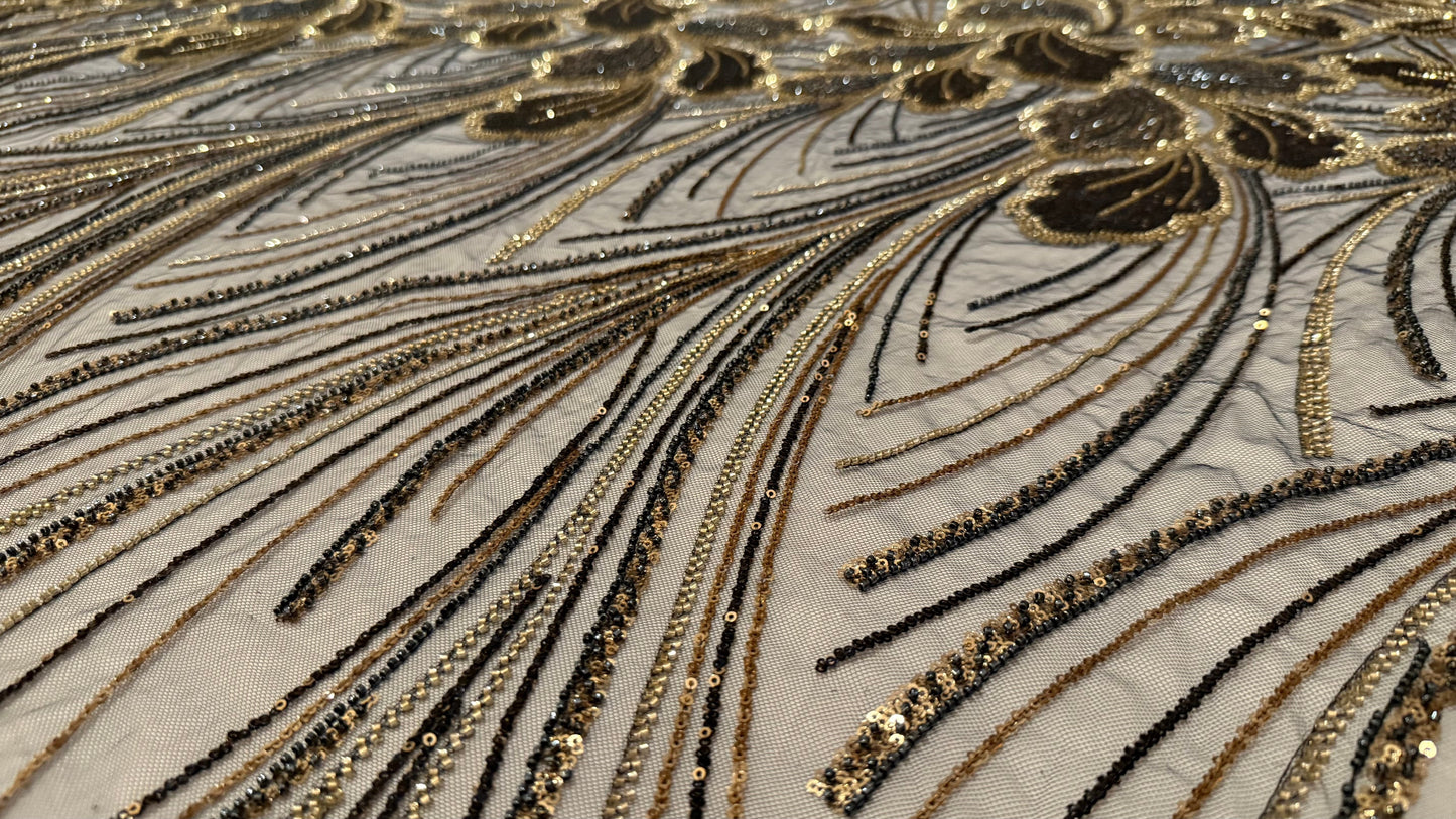 Elegant Navy Striped Beaded Fabric Premium Quality - TumaCouture