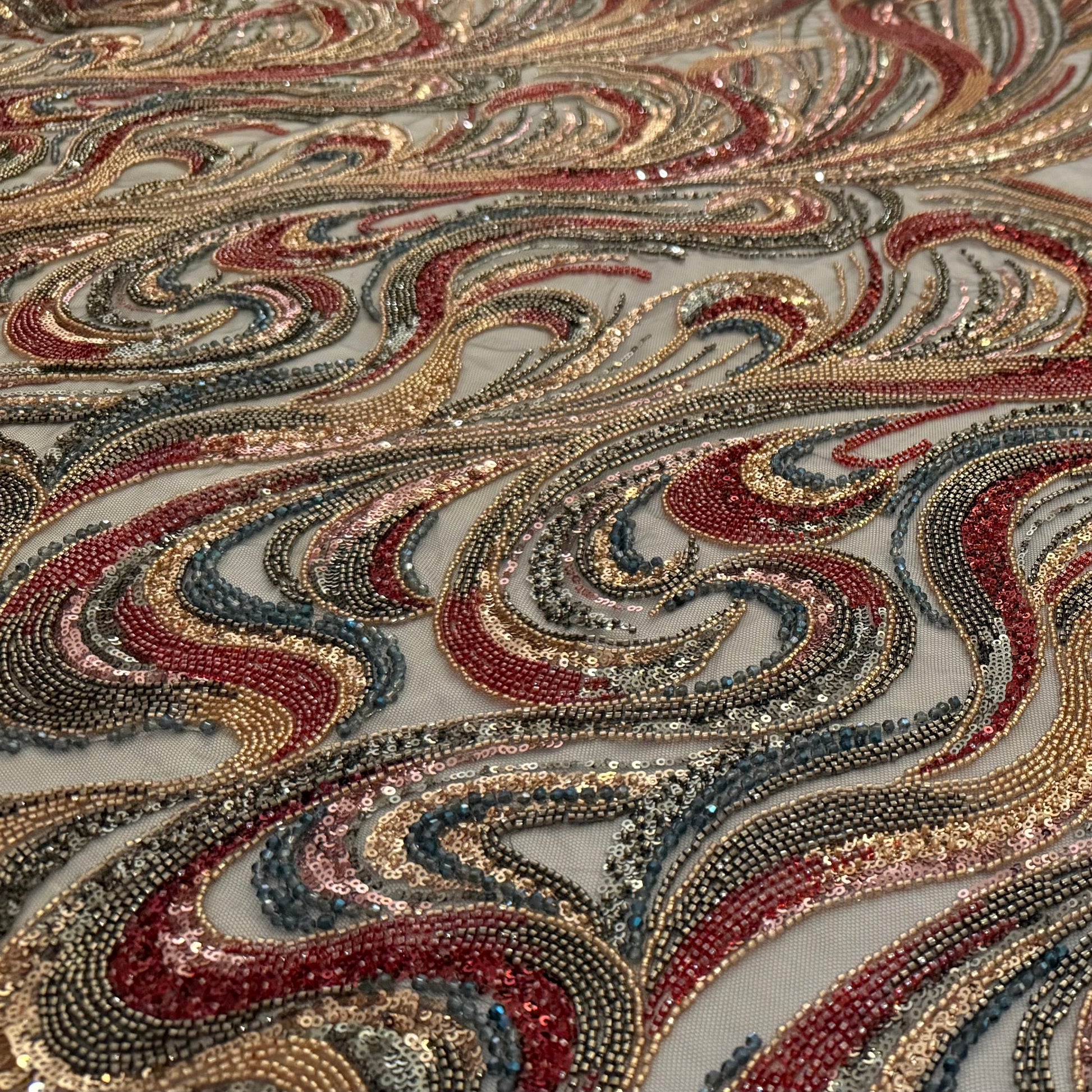 High - Quality Luxury Beaded Fabric with Multicolour Patterns - TumaCouture