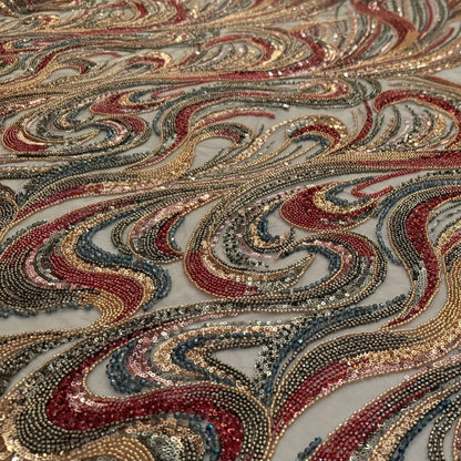 High - Quality Luxury Beaded Fabric with Multicolour Patterns - TumaCouture
